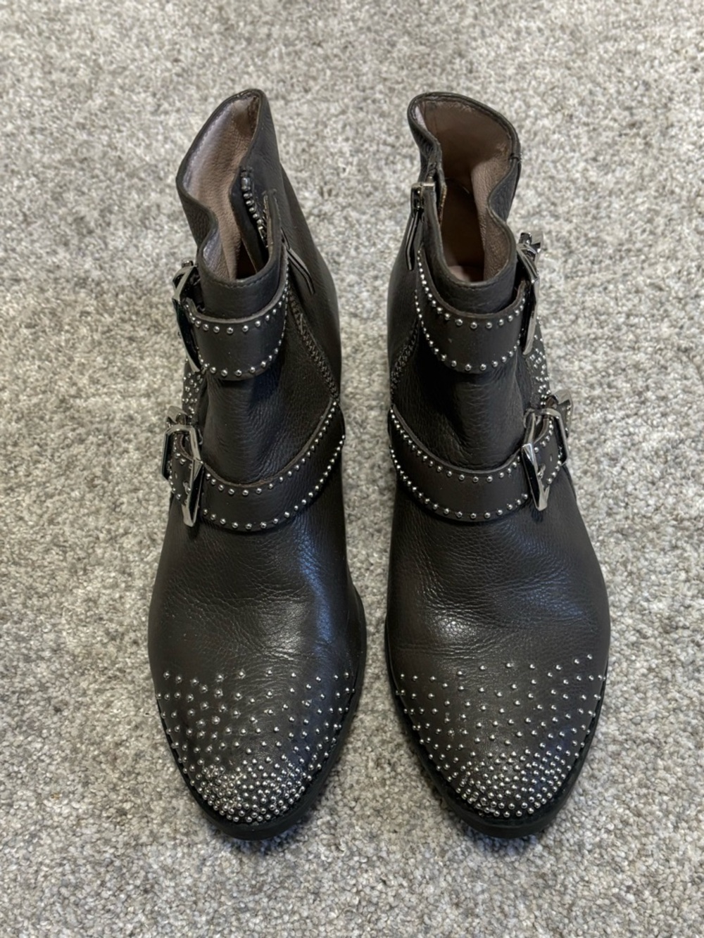 Vince Camuto Grey Leather Studded Ankle Boots with Buckle Straps